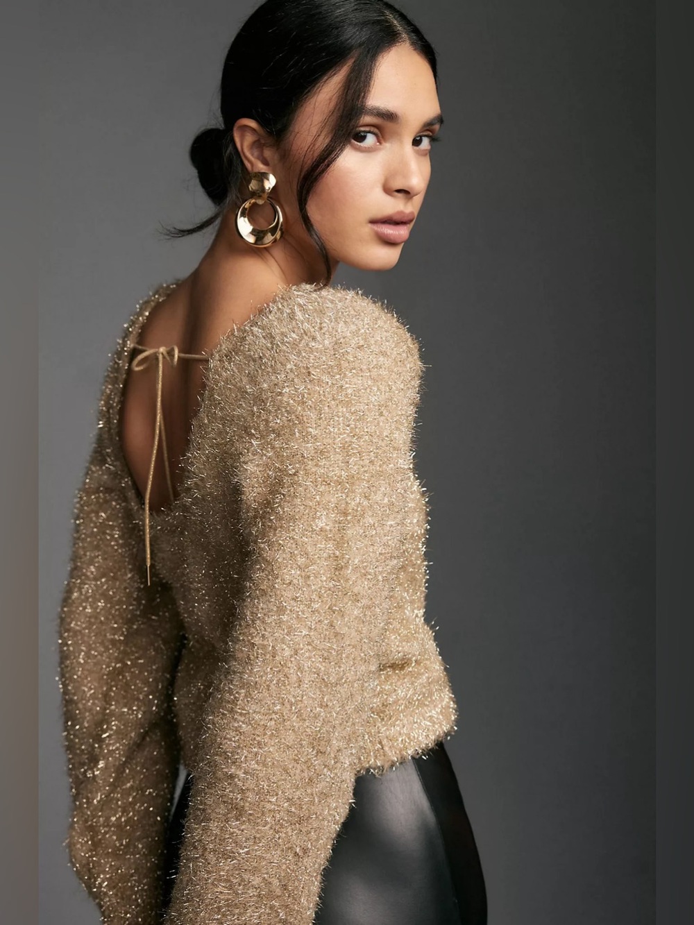 Anthropologie Shimmery Gold Fuzzy Tie-Back Sweater